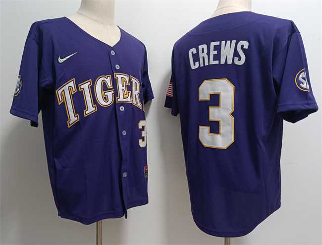Mens LSU Tigers #3 ylan Crews Purple 2023 Stitched Baseball Jersey Dzhi